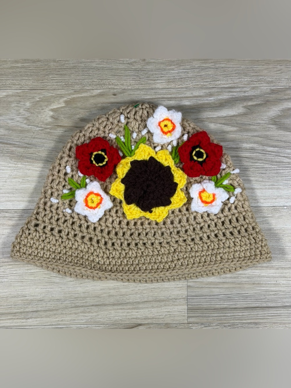 Handmade Crochet Floral Bucket Hat Sunflower Poppy Boho Cottagecore Whimsical